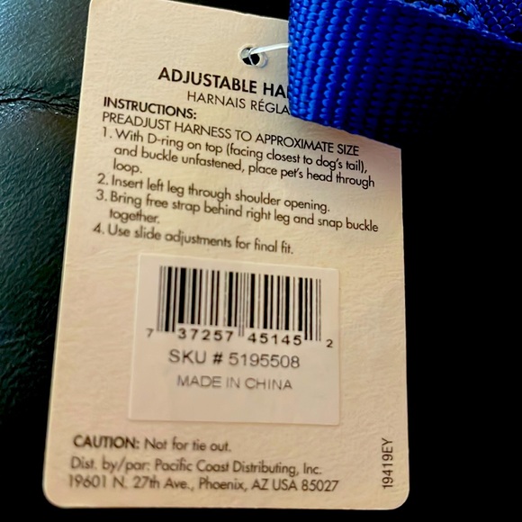 New and Tagged Adjustable Blue Harness. Medium 20”-28” Grith PRICE DROP - Picture 2 of 12